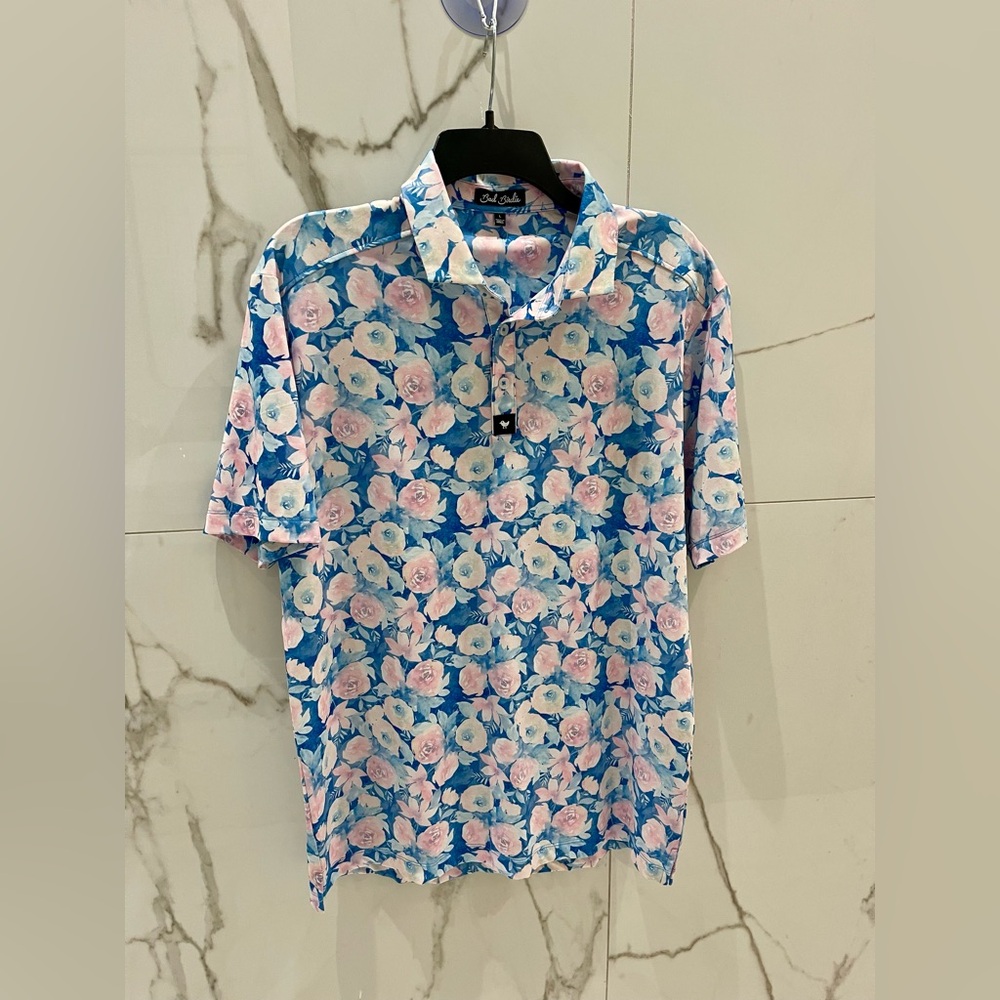 Bad Birdie Men's Sz Large Pink Blue Floral Golf Polo Shirt EUC